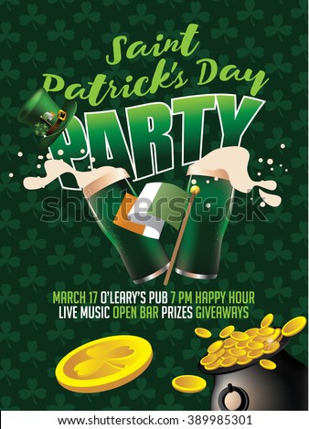 St. Patrick's Day splashing beer invitation poster. EPS 10 vector.