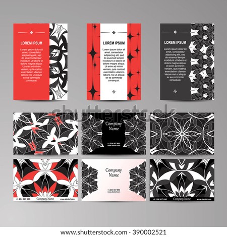 6 colorful business card template and 3 booklet template . Vector vintage visiting card set. Floral mandala pattern and ornaments. Set of vector design templates