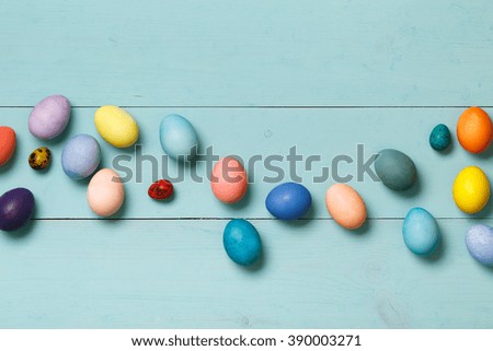 Post blog social media Easter. View from above with copy space. Banner template layout mockup for happy Easter. Blue wooden table, top view on workplace. Have Yourself Happy Easter. 