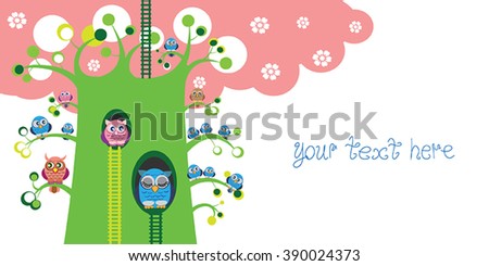 Spring owl tree - vector page design with place for text. Bright color funny owls family on tree - blossom tree. Cute cartoon birds. Childish card, wallpaper, bird watching note book page. Eps 8.

