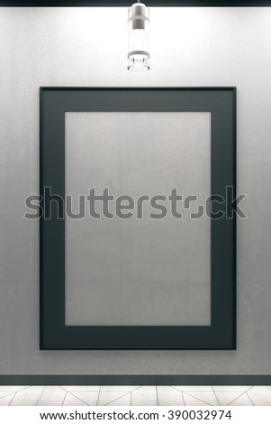 Blank grey picture frame with black edging, hanging on concrete wall, mock up