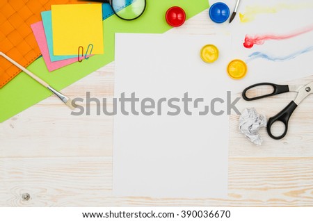 Office table or desk seen from above. Top view product photograph. School or university concept image. Horizontal orientation.