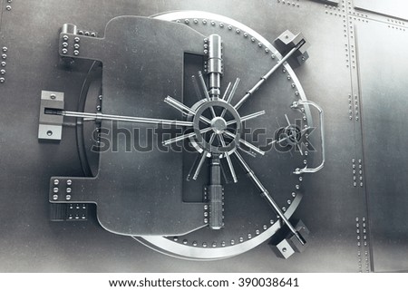 Close up of steel bank vault door, 3D Render Royalty-Free Stock Photo #390038641