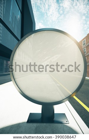 Blank round billboard on city street sunny morning, mock up, 3D Render