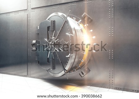 Open silver bank vault with golden light peeking from inside, 3D Render Royalty-Free Stock Photo #390038662
