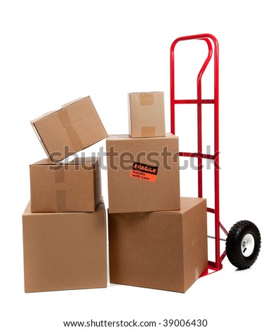 Moving boxes with fragile sticker on a white background