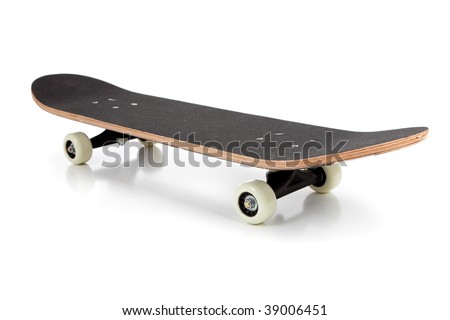 A black skate board on a white background