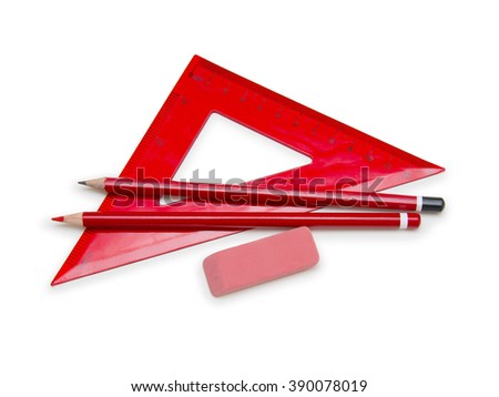 Ruler, pencils and eraser isolated on white