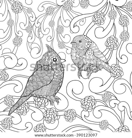Birds coloring page. Animals. Hand drawn doodle. Ethnic patterned illustration. African, indian, totem tatoo design. Sketch for avatar, tattoo, poster, print or t-shirt.