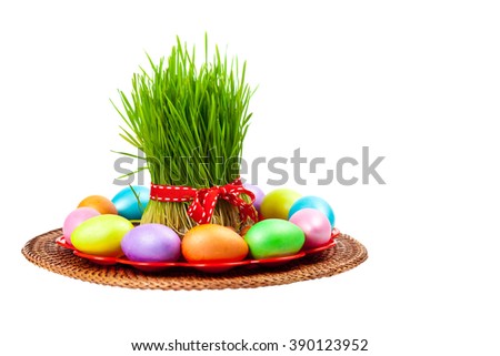 Colored eggs, wheat springs on Nowruz holiday. Selective focus.