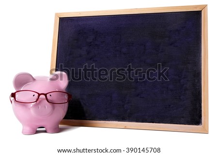 Piggybank, glasses, blackboard, isolated on white background, copy space