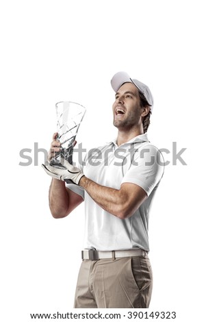 Golf Player in a white shirt celebrating with a glass trophy in his hands, on a white Background.