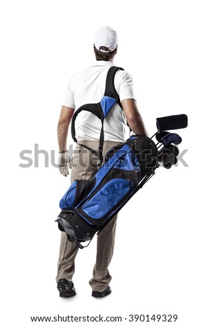 Golf Player in a white shirt walking with a bag of golf clubs on his back, on a white Background.