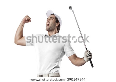 Golf Player in a white shirt celebrating, on a white Background.
