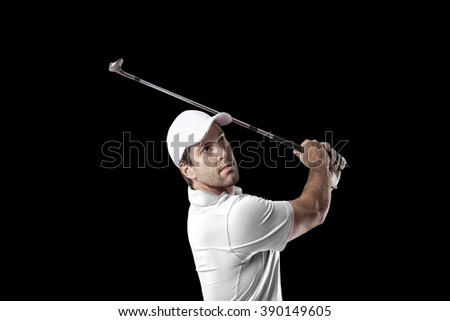 Golf Player in a white shirt taking a swing, on a black Background.
