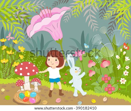 girl and rabbit in wonderful day