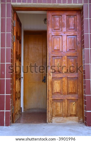 Wooden door into old administrative building. Shot in Ukraine.