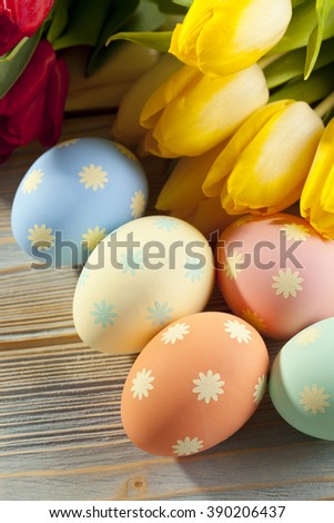 Colorful flowers and Easter eggs 