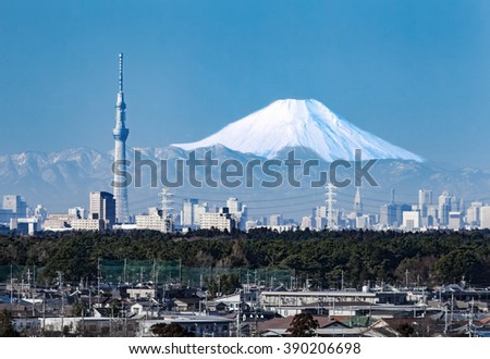 Tokyo city view , Tokyo sky tree with Tokyo downtown building and Winter Mountain fuji in background.

