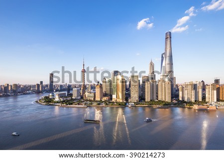 Aerial View of Lujiazui Financial District in Shanghai,China Royalty-Free Stock Photo #390214273