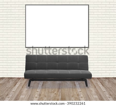 sofa seat and white Billboard on  brick wall background in black and white style : interior and business concept