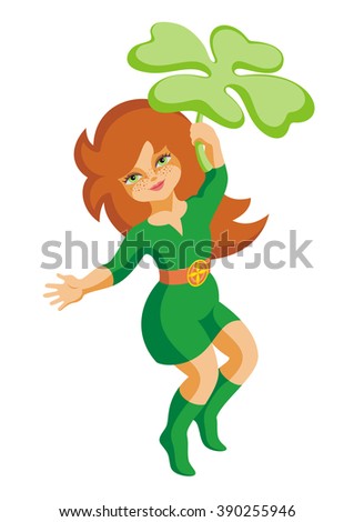 the little fairy holds a leaf of a clover with four petals and dances