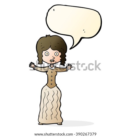 cartoon worried victorian woman with speech bubble