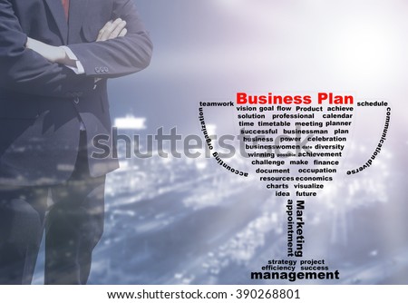 Blurred Business man success with business plan concept, success words and other relate word in trophies style on over blur or blurred night city with light flare background. 