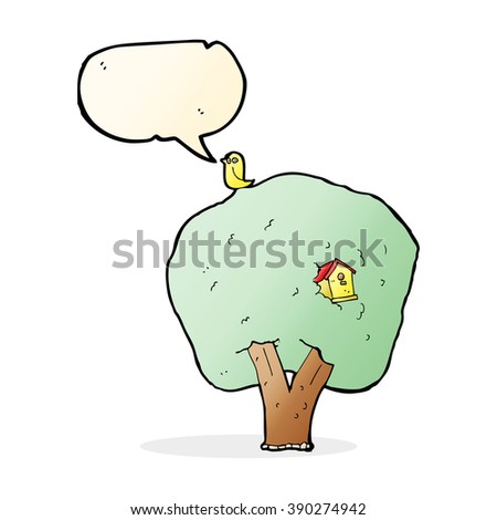 cartoon tree with birdhouse with speech bubble