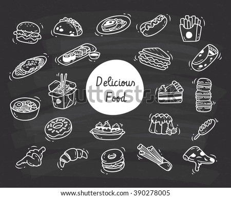Set of delicious food doodle on chalk board background