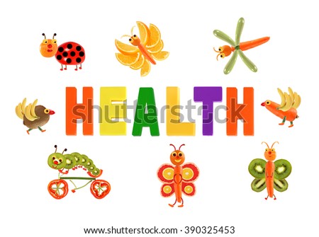 Healthy eating. Little funny vegetables around the word HEALTH