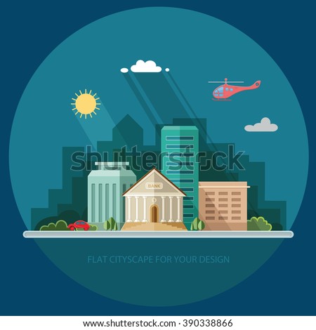 Bank building on the background of the city. Flat style vector illustration.