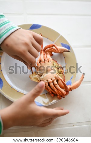 Top view picture of hands and red cooked crab on plate white table background. Exotic vacation food