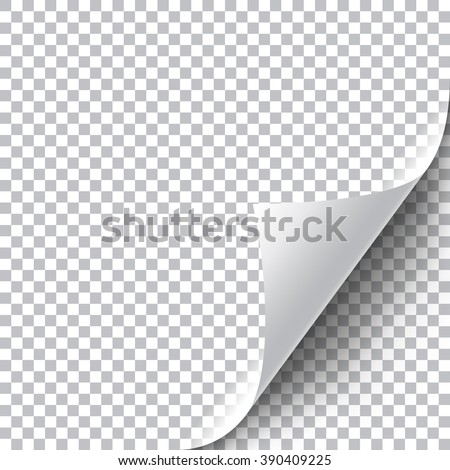 Curly Page Corner realistic illustration with transparent shadow. Ready to apply to your design. Graphic element for documents, templates, posters, flyers. Royalty-Free Stock Photo #390409225
