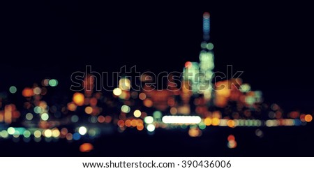New York City downtown skyline out of focus bokeh panorama at night