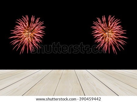 Perspective Wooden Table Top with Abstract Firework in Dark for Mock up or Display Product