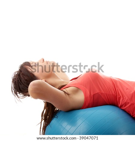 Young happy woman doing fitness exercise, isolated on white