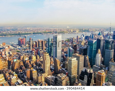 New York City Manhattan Skyline, helicopter flight view.  United States Royalty-Free Stock Photo #390484414
