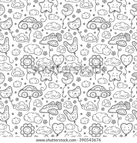 Kids toys. Beach Inflatable Toys. Balloons. Kawaii toy. Hand Drawn doodle clouds, star, heart, cat, car, airplane, flower, moon, rabbit  - Vector Seamless Pattern. Cute background for kids