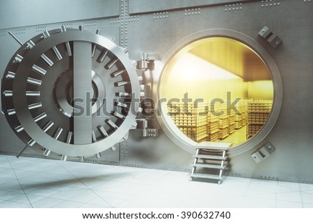 Open bank vault with golden walls and gold stacks. 3D Render Royalty-Free Stock Photo #390632740