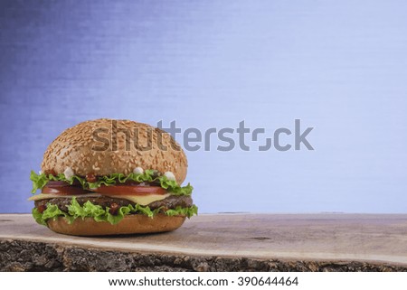 Hamburger closeup on blue background