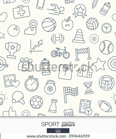 Sport and fitness wallpaper. Black and white game seamless pattern. Tiling textures with thin line web icons set. Vector illustration. Abstract background for mobile app, website, presentation.