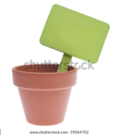 Clay Pot with Blank Green Sign Isolated on a White Background.
