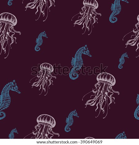 Seamless pattern. Vintage vector sketch of jellyfish and seahorse. Hand drawn illustration. Sea life collection.
