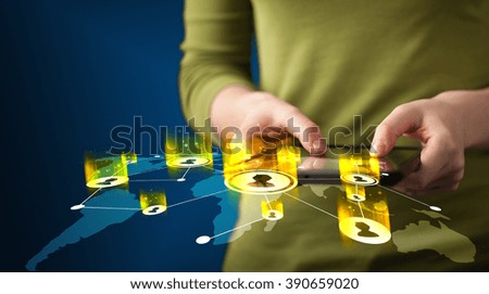 Hand holding tablet device with social network map concept on background