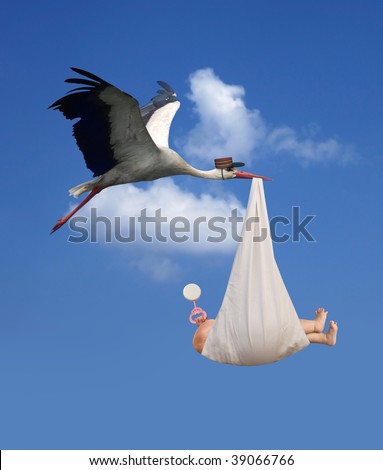 Classic depiction of a stork in flight delivering a newborn baby Royalty-Free Stock Photo #39066766