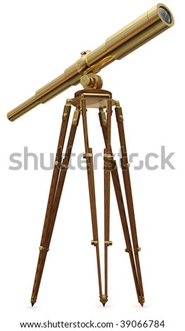A real photo graph of a vintage brass telescope on a white background