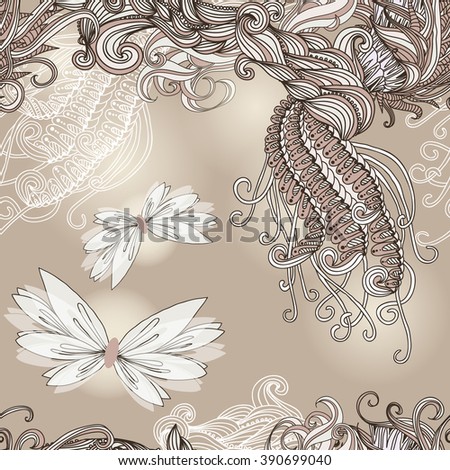 Vector seamless pattern with doodle elements and butterflies. Abstract background in beige colors. Can be used as a card or as a seamless design for the invitations, wedding design, textile or else.