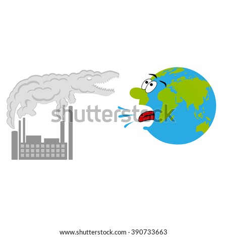 Smoky factory smoke-cloud in crocodile shape and cartoon scared earth. Pollution concept.