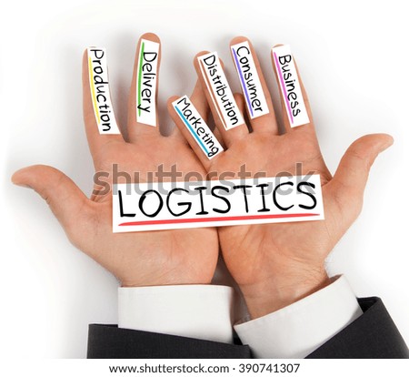 Photo of hands holding paper cards with LOGISTICS concept words